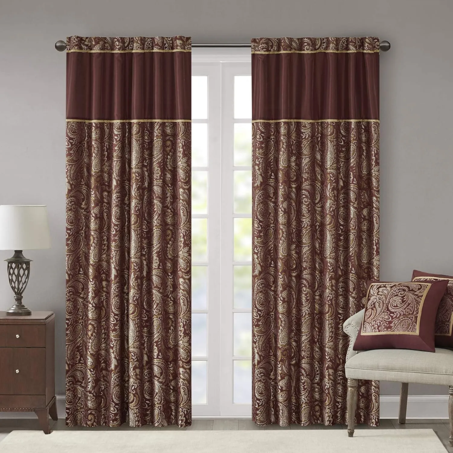 Madison Park Aubrey 2 Panel Curtain Faux Silk Paisley Jacquard, Rod Pocket Curtain for Living Room, Kitchen, Room Darkening Window Drape for Bedroom and Dorm, 2-PK 50x84, Burgundy