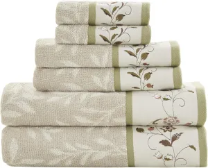 Madison Park Serene 100% Cotton Bath Towel Set Luxurious Floral Decorative Towels for Bathroom Embroidered Cotton Jacquard Design Soft Highly Absorbent for Shower 600 GSM, Multi-Sizes, Green 6 Piece