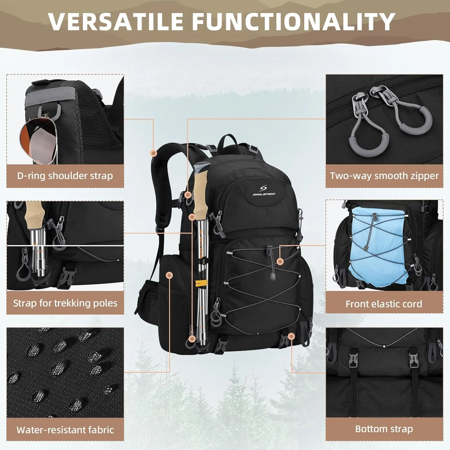 Maelstrom Hiking Backpack, 40L Waterproof Camping Daypack for Men and Women, Lightweight Travel Pack with Rain Cover-Black