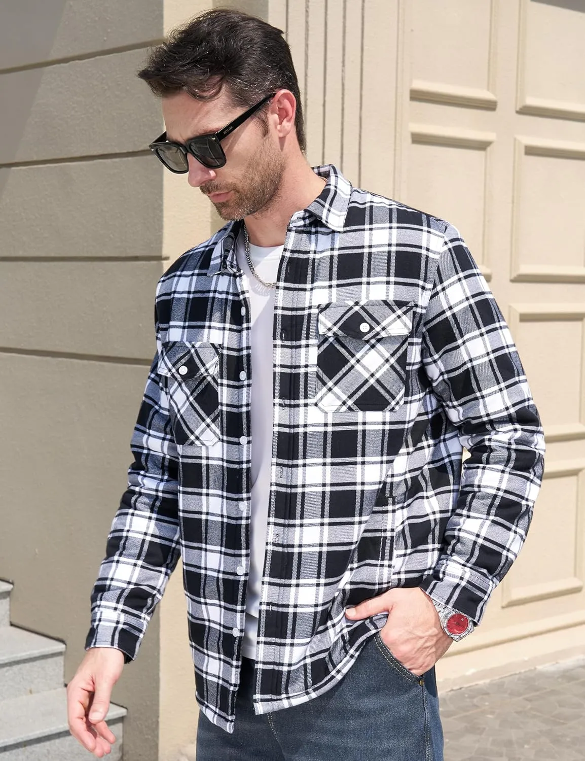 MAGCOMSEN Men's Flannel Shirt Jacket Fleece Lining Plaid Jacket Cotton Winter Coats