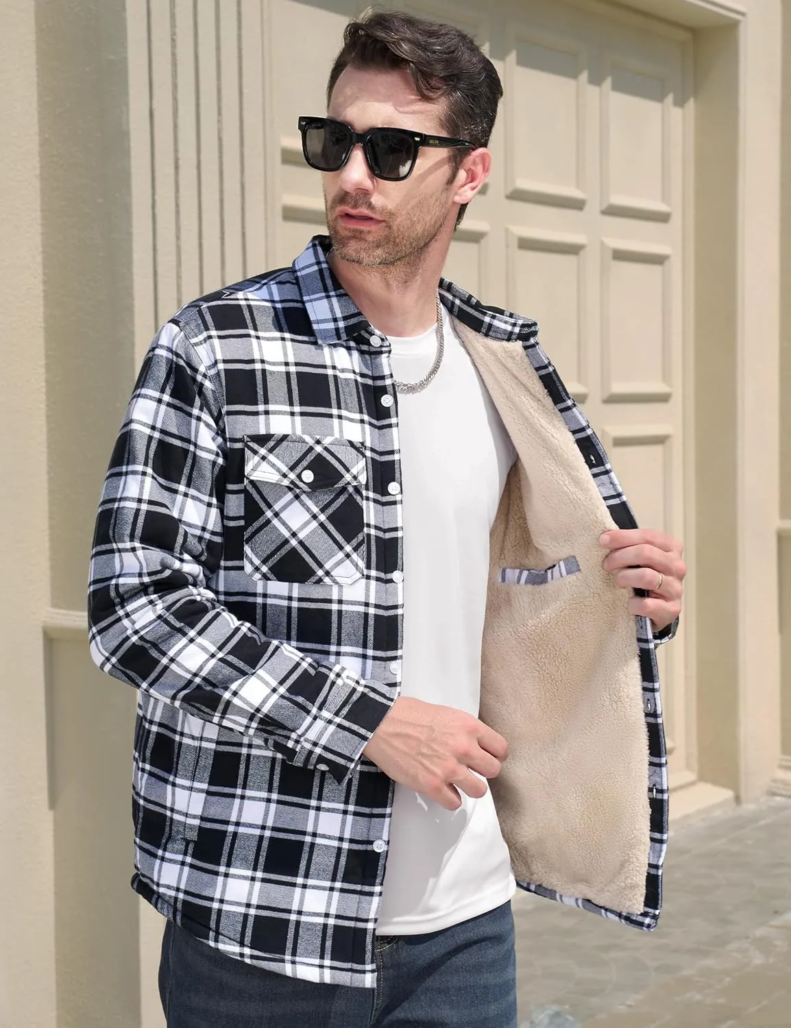 MAGCOMSEN Men's Flannel Shirt Jacket Fleece Lining Plaid Jacket Cotton Winter Coats