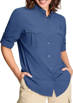 MAGCOMSEN Women's UPF 50  Long Sleeve Fishing Shirts UV Sun Protection Quick Dry Button Down Safari Hiking Travel Shirts