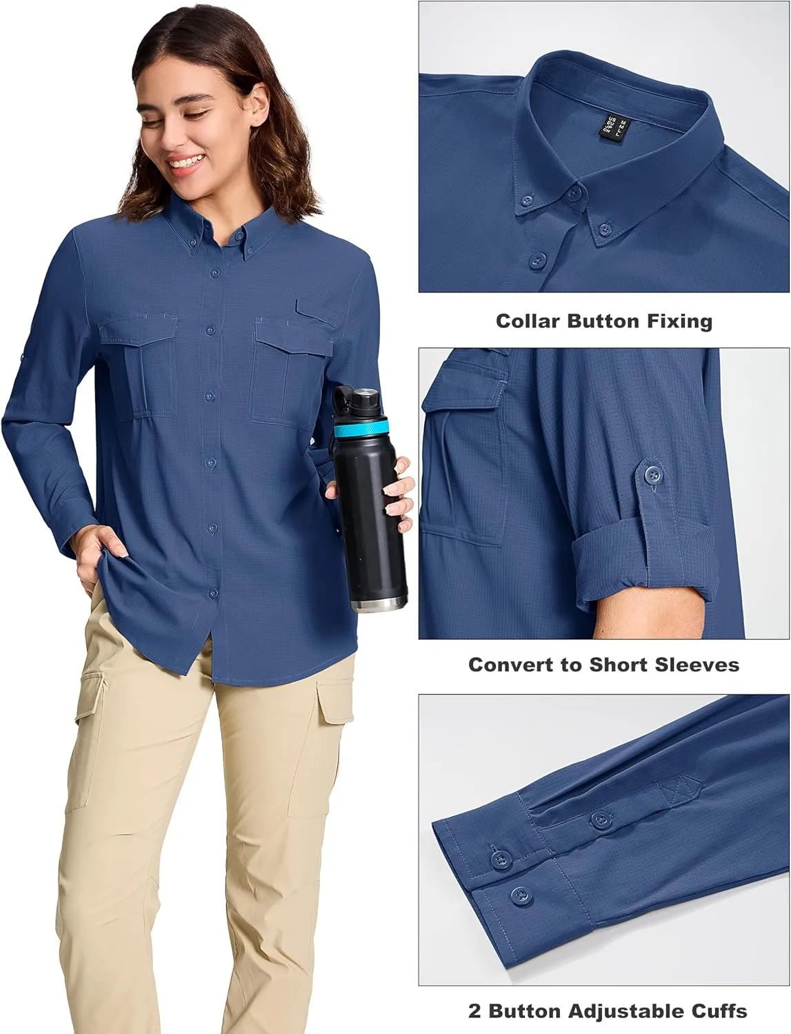 MAGCOMSEN Women's UPF 50  Long Sleeve Fishing Shirts UV Sun Protection Quick Dry Button Down Safari Hiking Travel Shirts