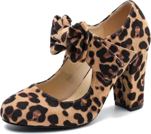 MAIERNISI JESSI Women's Bowknot Mary Jane Block Heel Round Pumps Closed Toe Dress Shoes