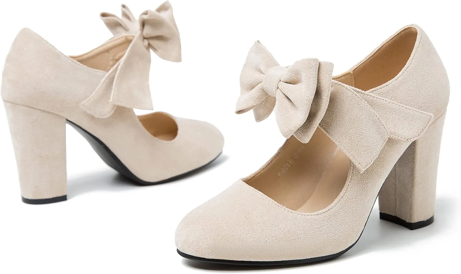 MAIERNISI JESSI Women's Bowknot Mary Jane Block Heel Round Pumps Closed Toe Dress Shoes