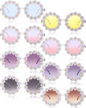 Maitys 8 Pairs Daisy Sunglasses Disco Festival Sunglasses Fun Flower Sunglasses for Women Retro Floral Round Shape Sunglasses