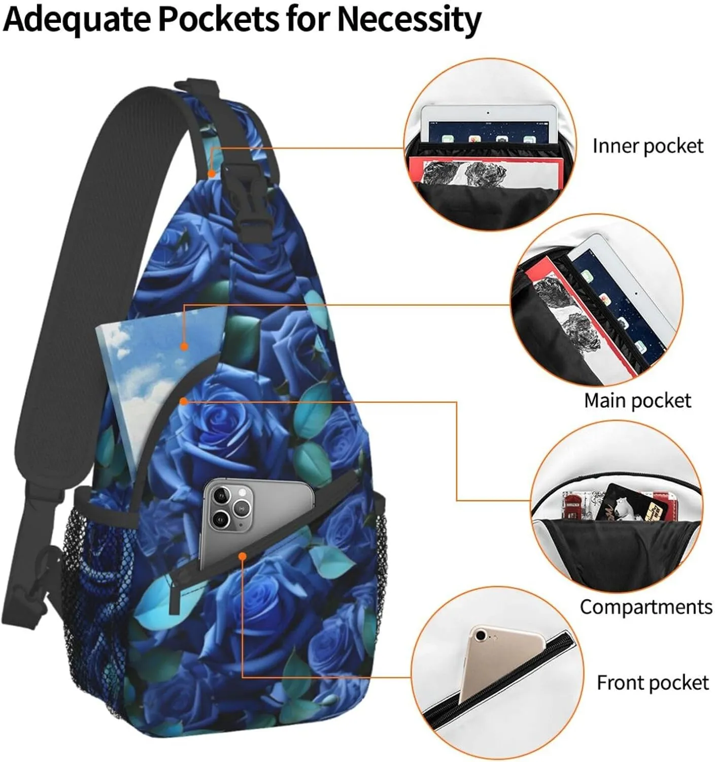 Many Blue Roses High Storage Capacity Chest Bag Diagonally Sling Backpack Crossbody Shoulder Bag For Men Women