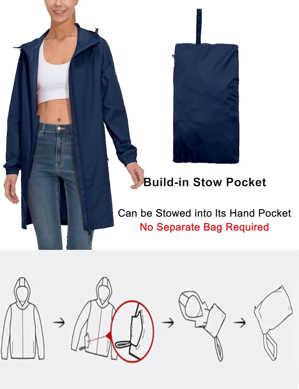 Mapamyumco Women's Ultra-Light Packable Waterproof Long Rain Jacket, Hooded Raincoat with Zipper Pockets