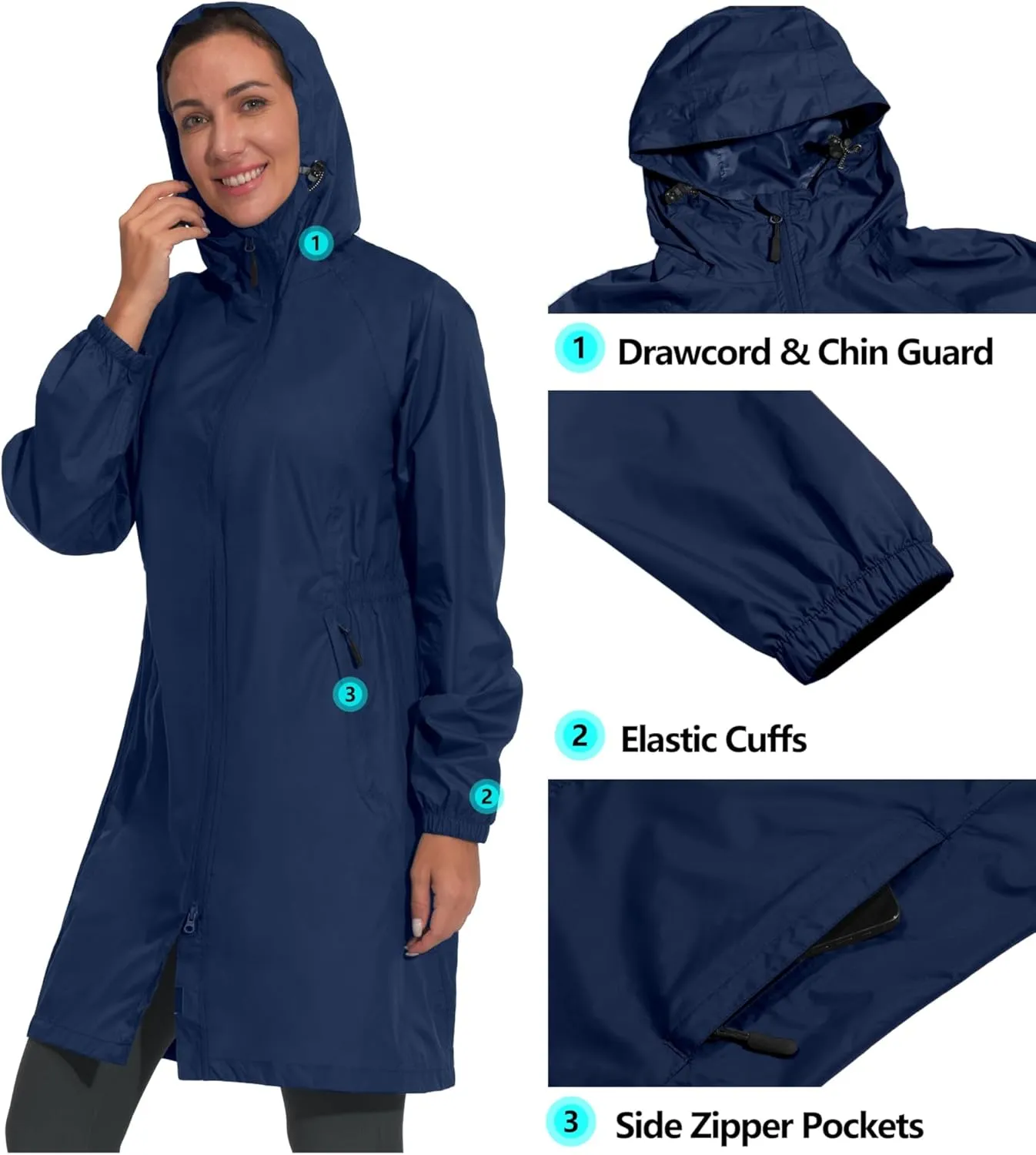 Mapamyumco Women's Ultra-Light Packable Waterproof Long Rain Jacket, Hooded Raincoat with Zipper Pockets