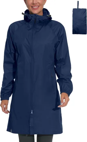 Mapamyumco Women's Ultra-Light Packable Waterproof Long Rain Jacket, Hooded Raincoat with Zipper Pockets