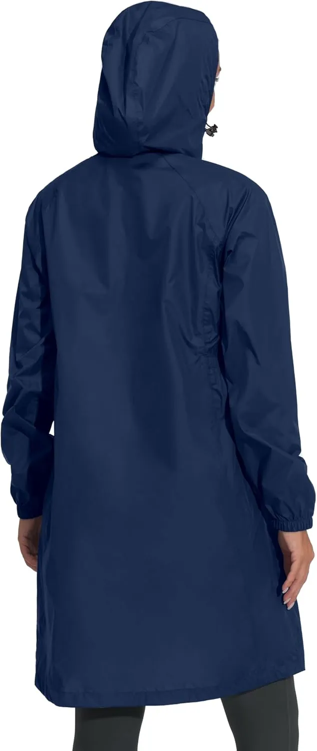 Mapamyumco Women's Ultra-Light Packable Waterproof Long Rain Jacket, Hooded Raincoat with Zipper Pockets