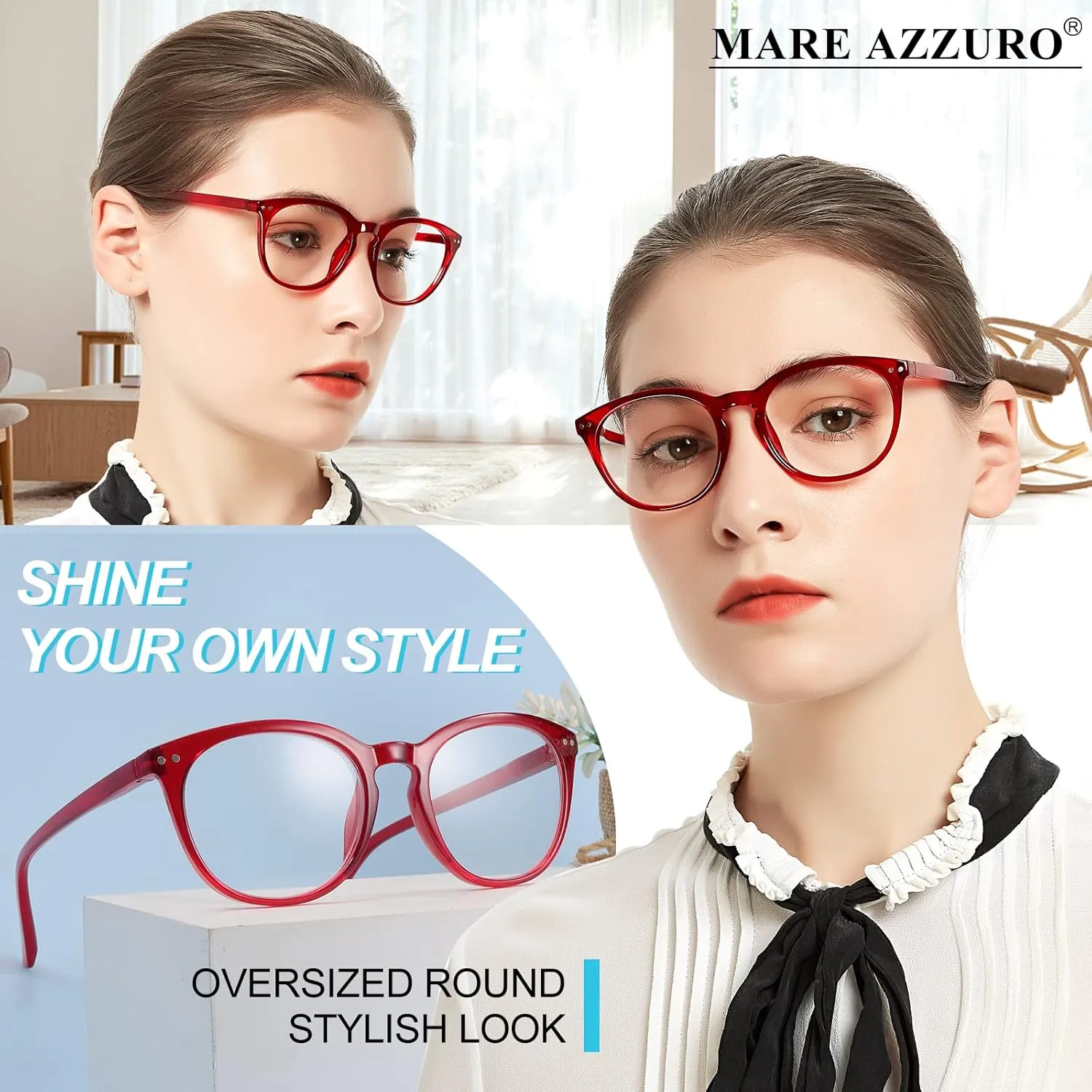 MARE AZZURO Reading Glasses Women's Reader 0 1.0 1.25 1.5 1.75 2.0 2.25 2.5 2.75 3.0 3.5 4.0 5.0 6.0 (Red 100)