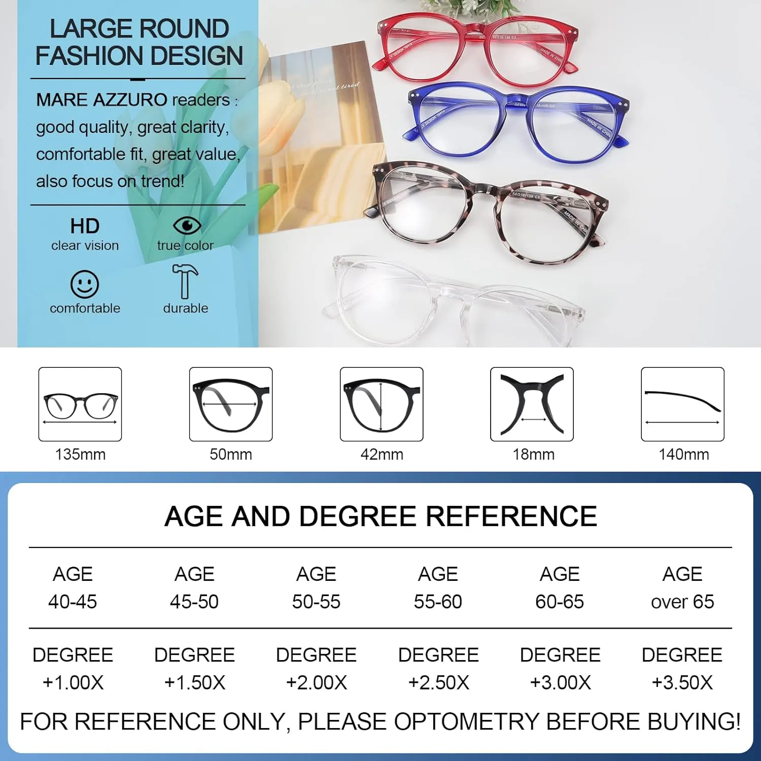 MARE AZZURO Reading Glasses Women's Reader 0 1.0 1.25 1.5 1.75 2.0 2.25 2.5 2.75 3.0 3.5 4.0 5.0 6.0 (Red 100)
