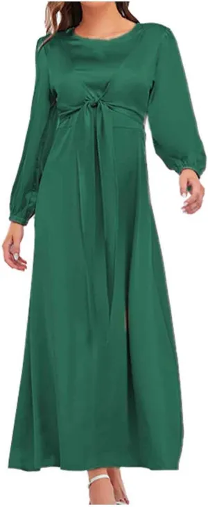 Maxi Dresses for Women 2024 Fall Satin Tie Waist Zip Back Crewneck Long Puff Sleeve Dress Formal Wedding Party Gown