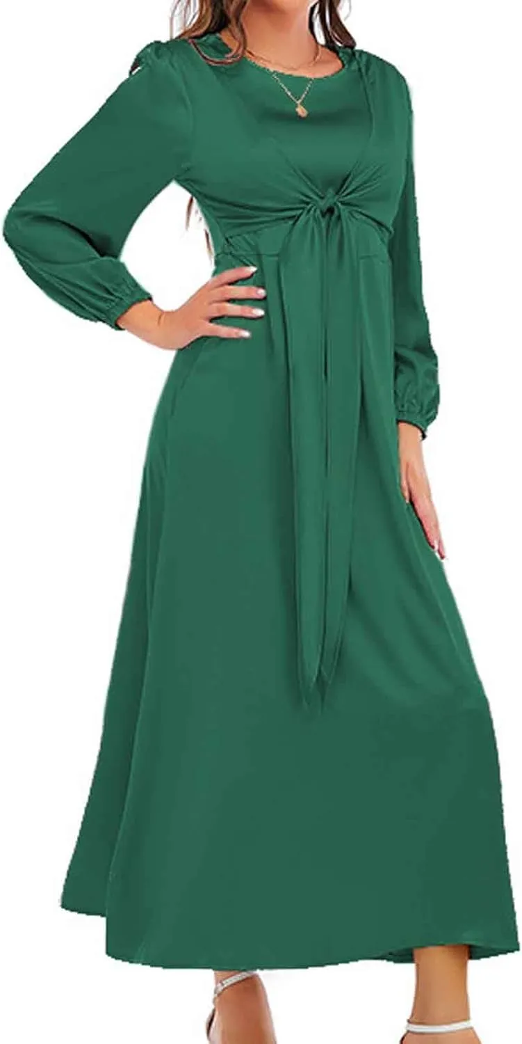 Maxi Dresses for Women 2024 Fall Satin Tie Waist Zip Back Crewneck Long Puff Sleeve Dress Formal Wedding Party Gown