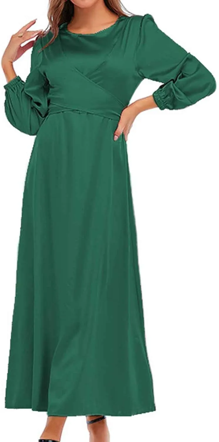Maxi Dresses for Women 2024 Fall Satin Tie Waist Zip Back Crewneck Long Puff Sleeve Dress Formal Wedding Party Gown