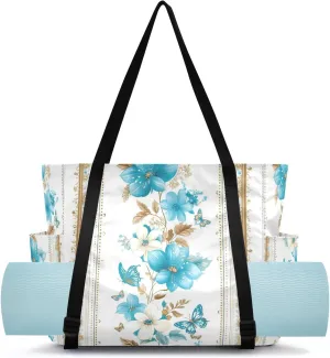 MCHIVER Butterflies Flowers White Blue Black Yoga Bags for Women Pilates Bag with Adjustable Space for Yoga Mat Carrier for Travel Workout Gym Office Park