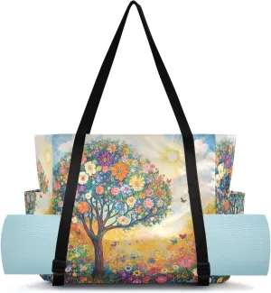 MCHIVER Flowers Tree Butterflies Yellow Black Yoga Bags for Women Pilates Bag with Adjustable Space for Yoga Mat Carrier for Travel Workout Gym Office Park