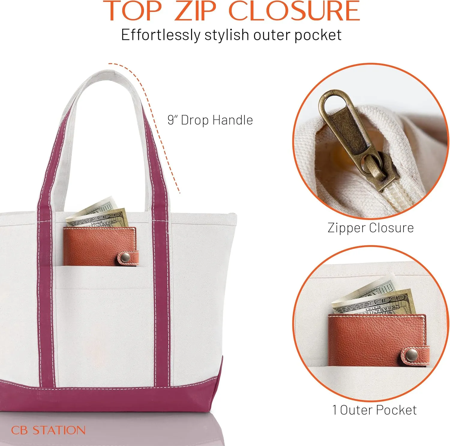 Medium Classic Canvas Tote Bag for Women, Top Zipper Closure, Outer Pocket, Daily Essentials, Groceries, Traveling