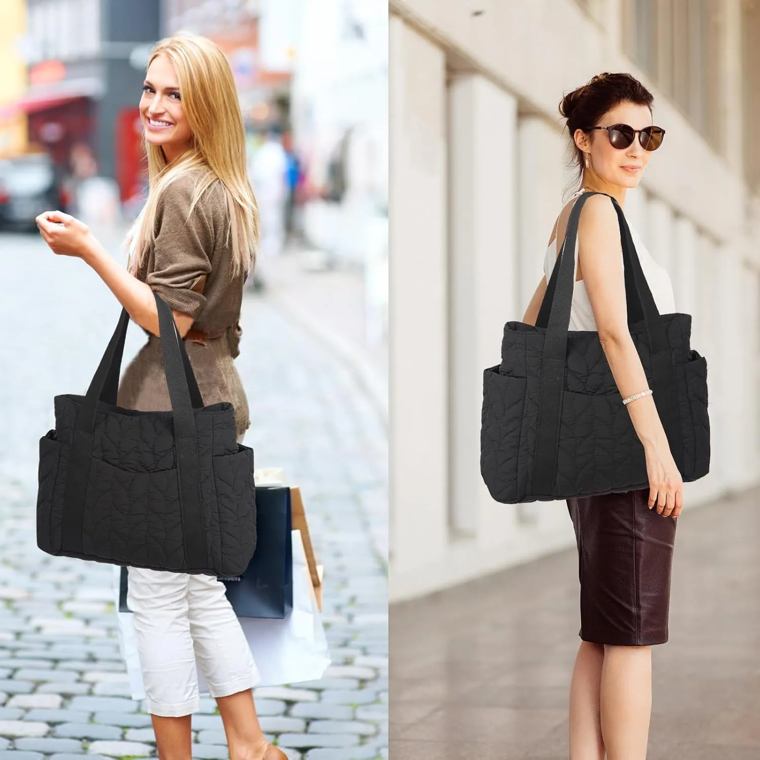Medium Quilted Work Tote Bag for Women, Lightweight 21L Puffer Travel Handbags Purse with Zipper for Gym/Travel