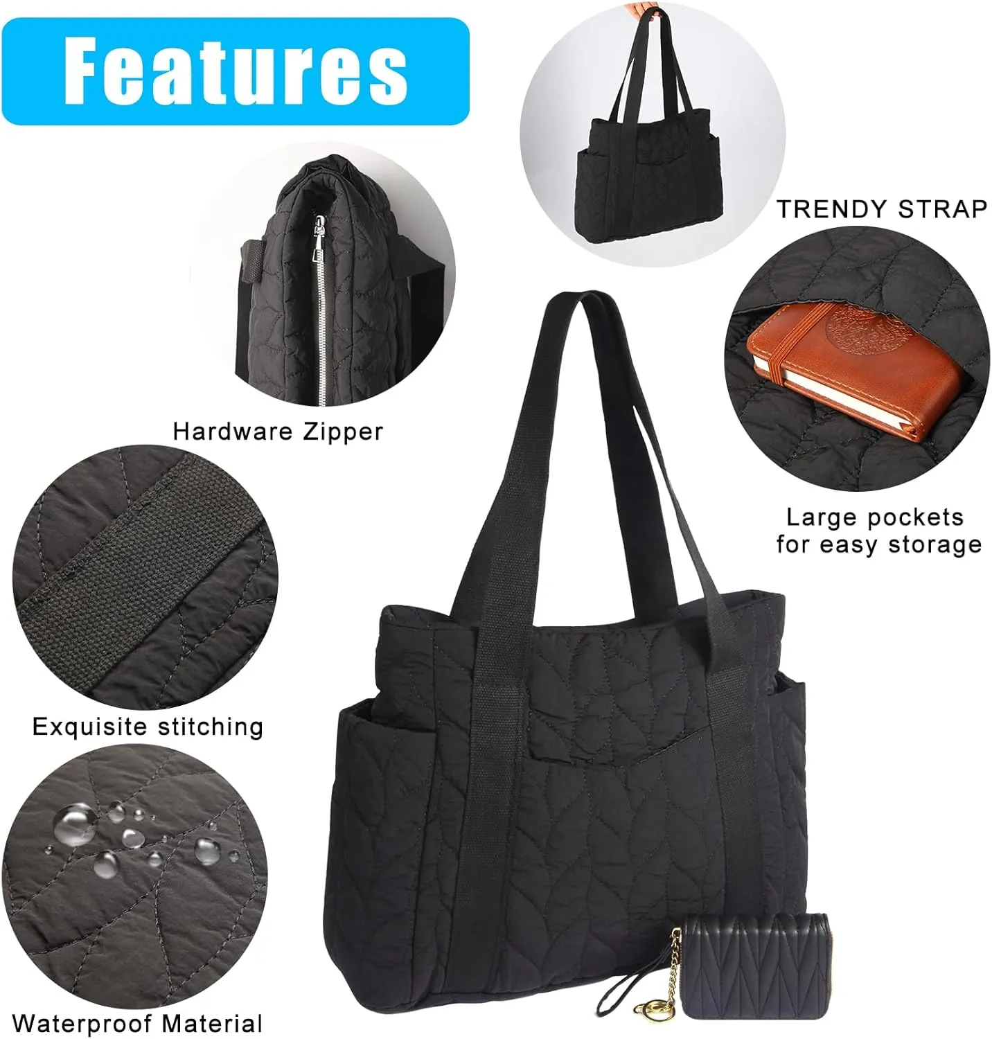 Medium Quilted Work Tote Bag for Women, Lightweight 21L Puffer Travel Handbags Purse with Zipper for Gym/Travel