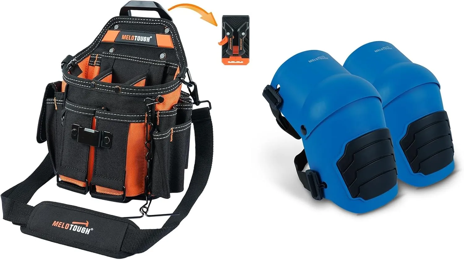 MELOTOUGH Electrician Tool Pouch Bag with Shoulder Strap Professional 16 Pockets Tool Pouch with Belt Clip, Knee Pads for Work,Construction,Flooring,Gardening-Comfortable and Flexible(Orange andBlue)