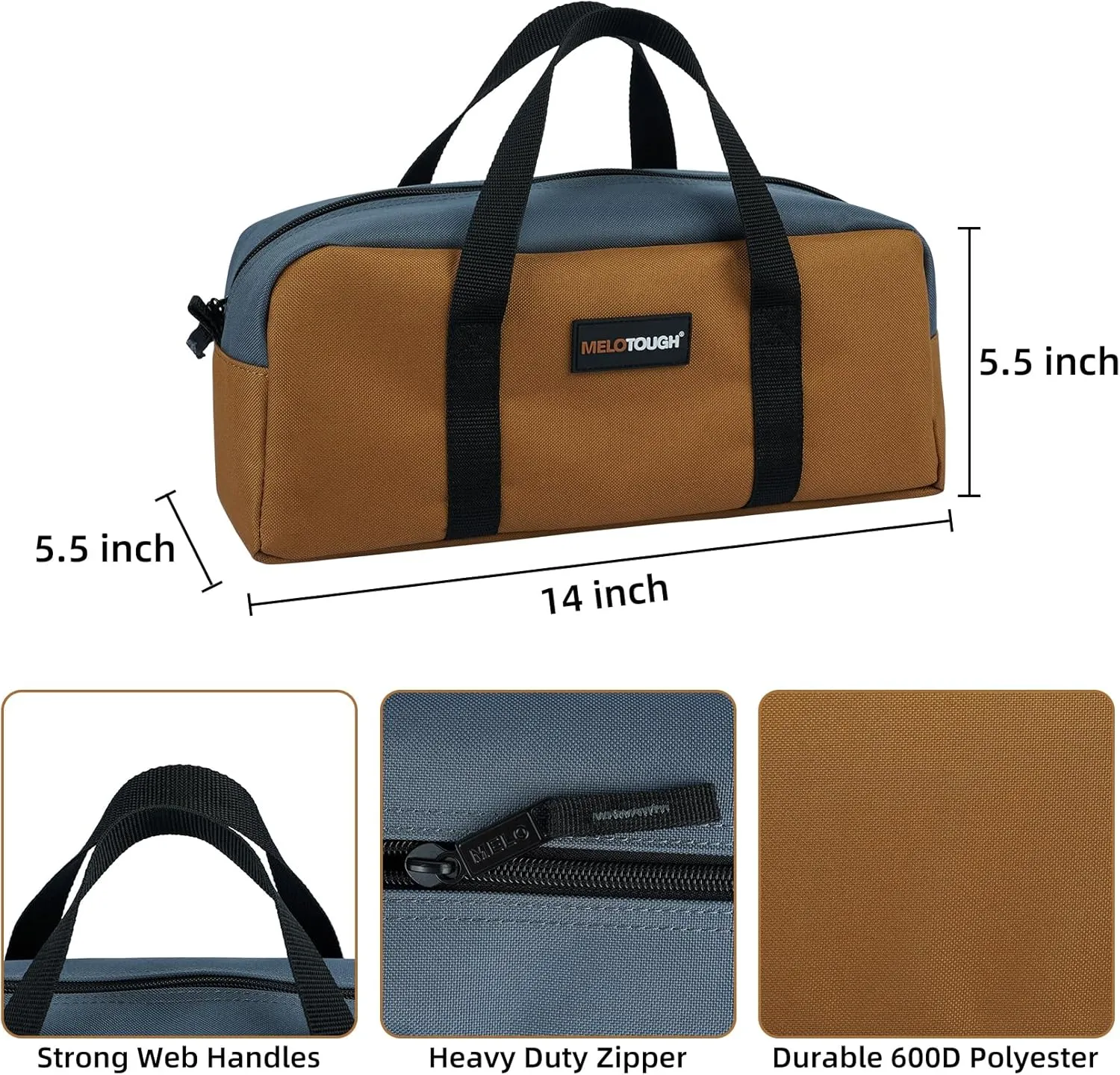 MELOTOUGH Tool Tote Bag Canvas Tool Bag with Zipper Utility 14 Inch Small Tool Storage Bags for Electrician,HVAC,Plumbing,Technician(Black & Grey)