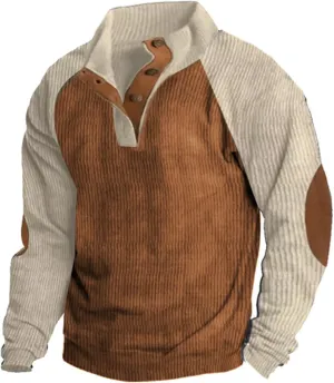 Mens 1/4 Button Up Waffle Sweatshirts Casual Raglan Sleeve Lapel Collar Corduroy Pullover Sweaters Rugged Polos Shirt