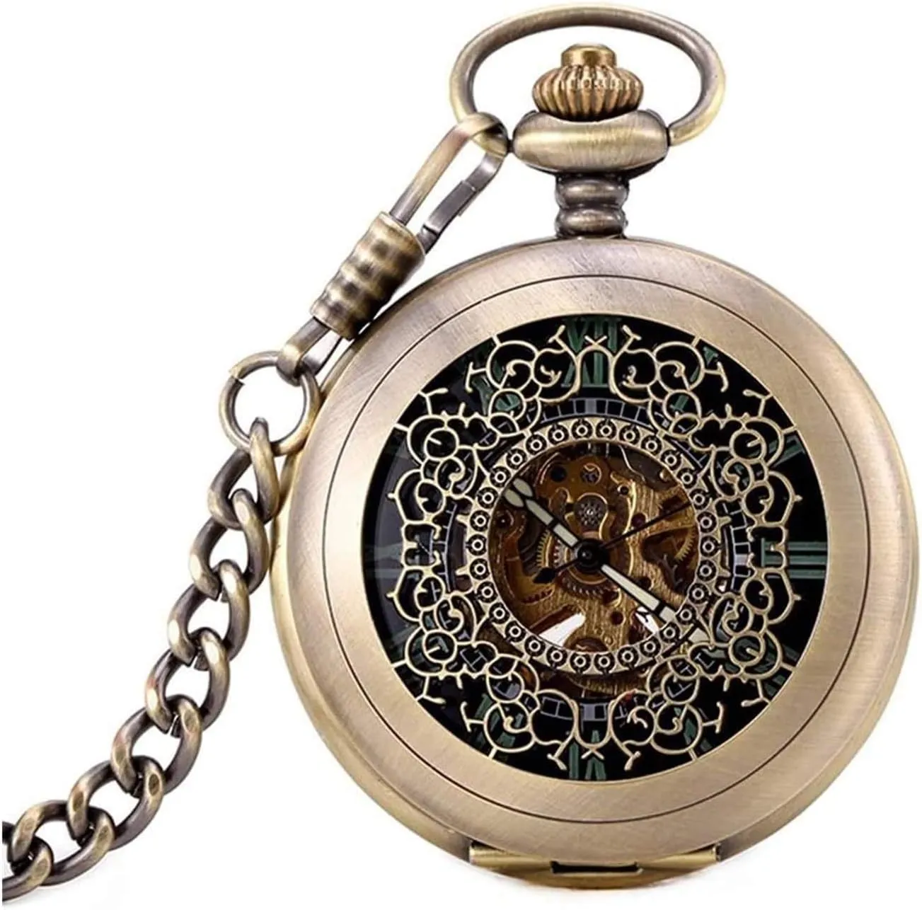 Mens Antique Mechanical Pocket Watch Retro Skeleton Dial with Chain
