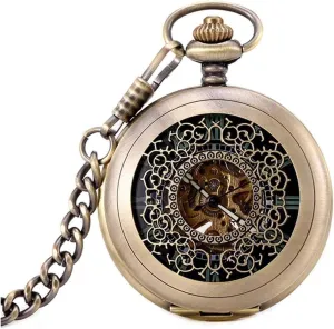 Mens Antique Mechanical Pocket Watch Retro Skeleton Dial with Chain