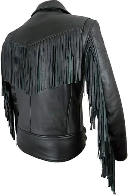 Men's Biker Rider Motorcycle Motorbike Club Genuine Cowhide Black Leather Fringed Jacket