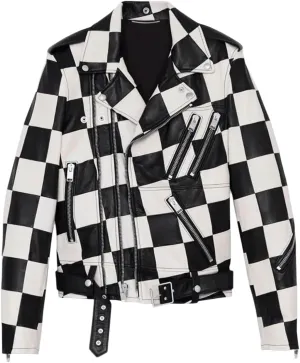 Men's Biker Rider Motorcycle Motorbike Retro Genuine Cowhide Checkerbord Leather jacket By Reclaimed Vintage