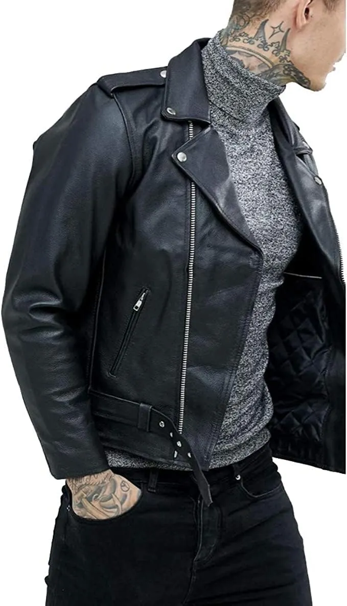 Men's Biker Rider Motorcycle Motorbike Rocker Retro Genuine Cowhide Leather jacket By Reclaimed Vintage