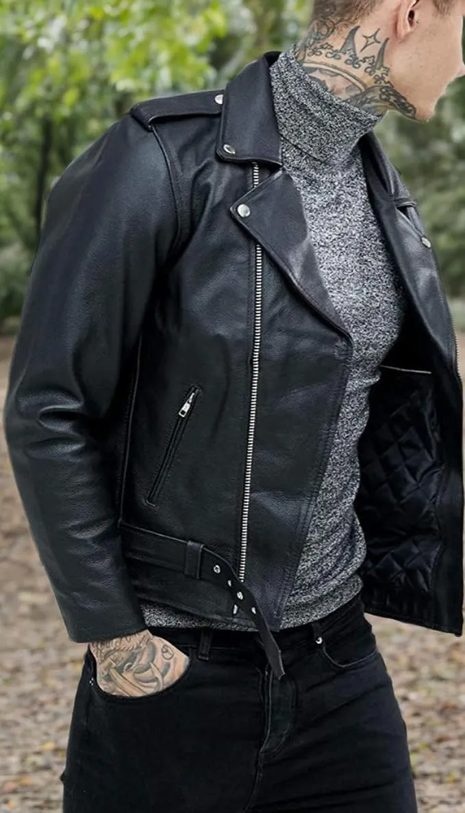 Men's Biker Rider Motorcycle Motorbike Rocker Retro Genuine Cowhide Leather jacket By Reclaimed Vintage