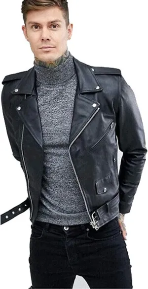 Men's Biker Rider Motorcycle Motorbike Rocker Retro Genuine Cowhide Leather jacket By Reclaimed Vintage