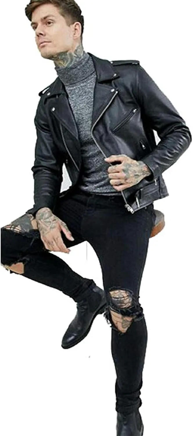 Men's Biker Rider Motorcycle Motorbike Rocker Retro Genuine Cowhide Leather jacket By Reclaimed Vintage