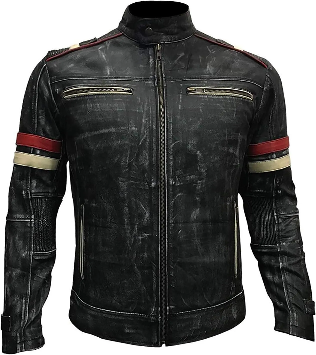 Mens Cafe Racer Vintage Motorcycle Distressed Retro Biker Leather Jacket