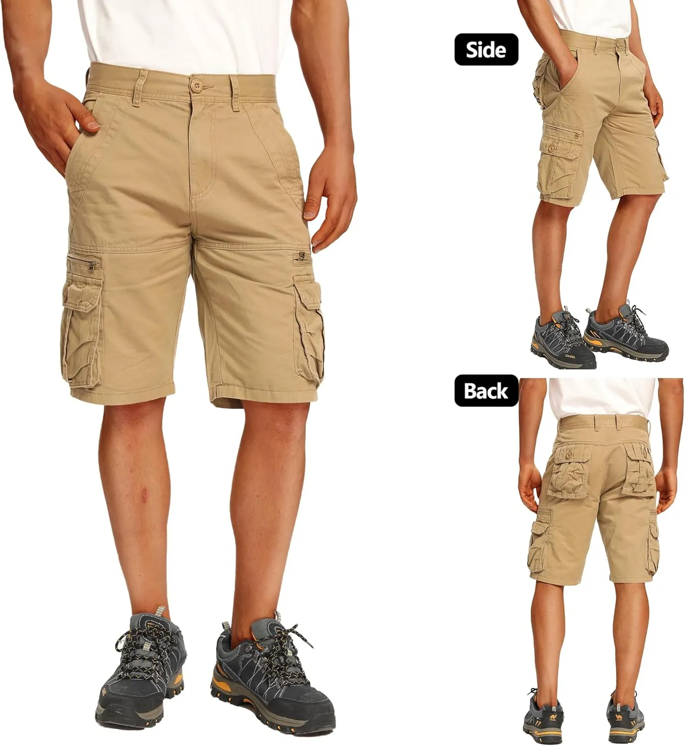 Men's Cotton Cargo Shorts Relaxed Fit Outdoor Casual Work Shorts with Zipper Pockets No Belt