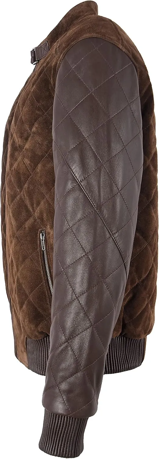 Men's Diamond Quilted Leather & Suede Casual Classic Retro Bomber Jacket 2997