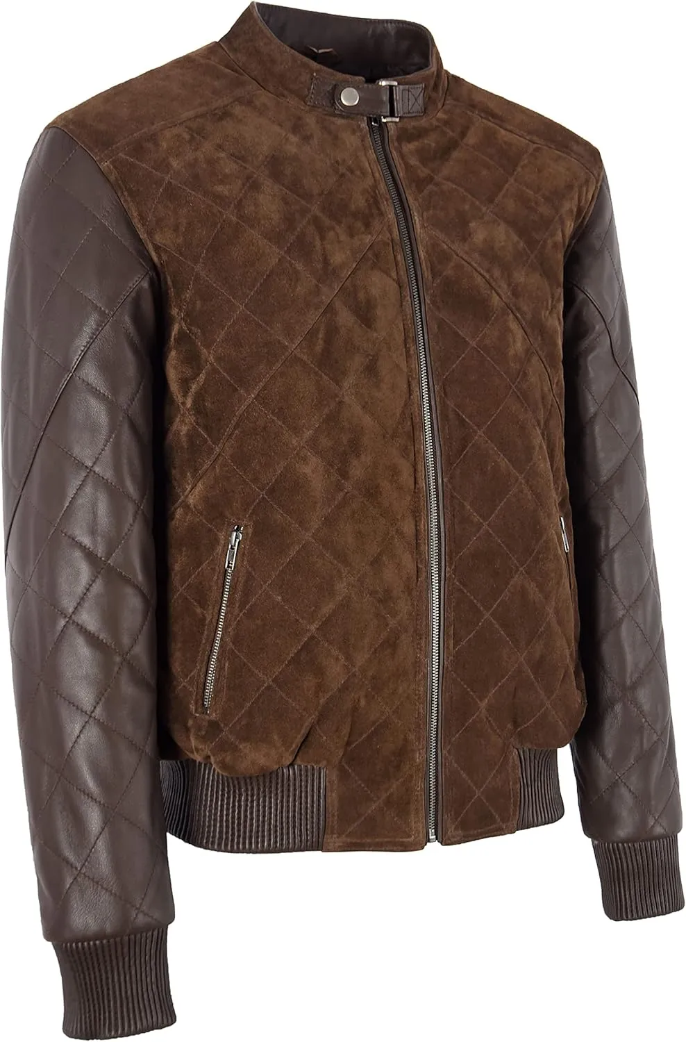 Men's Diamond Quilted Leather & Suede Casual Classic Retro Bomber Jacket 2997