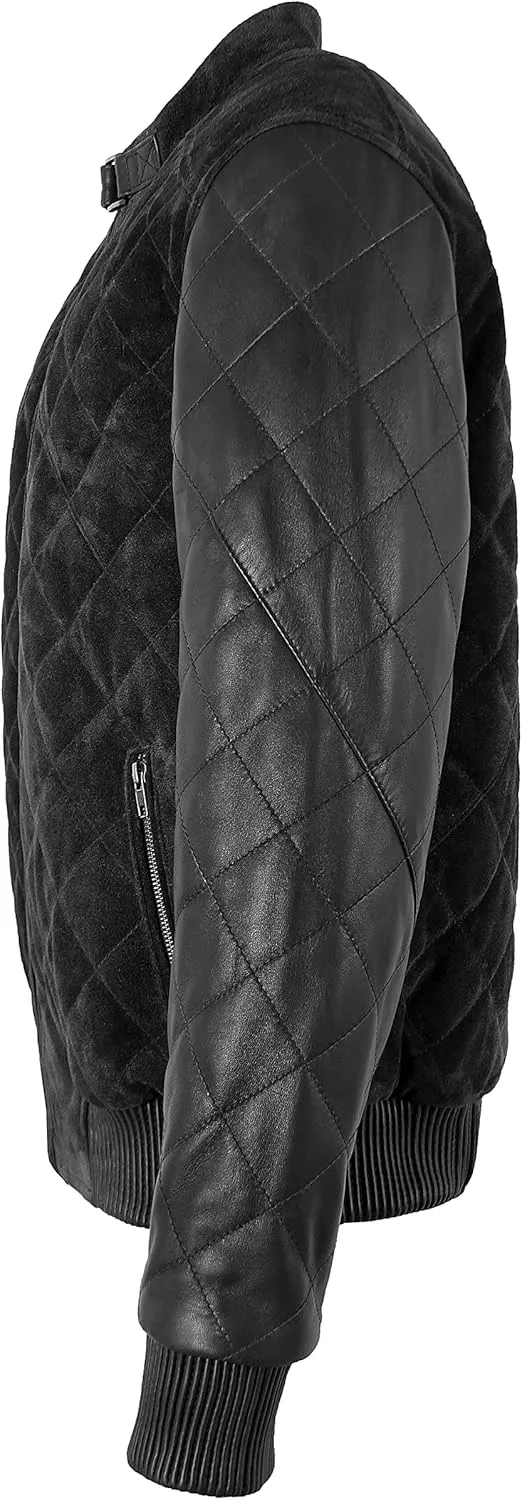 Men's Diamond Quilted Leather & Suede Casual Classic Retro Bomber Jacket 2997