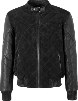 Men's Diamond Quilted Leather & Suede Casual Classic Retro Bomber Jacket 2997
