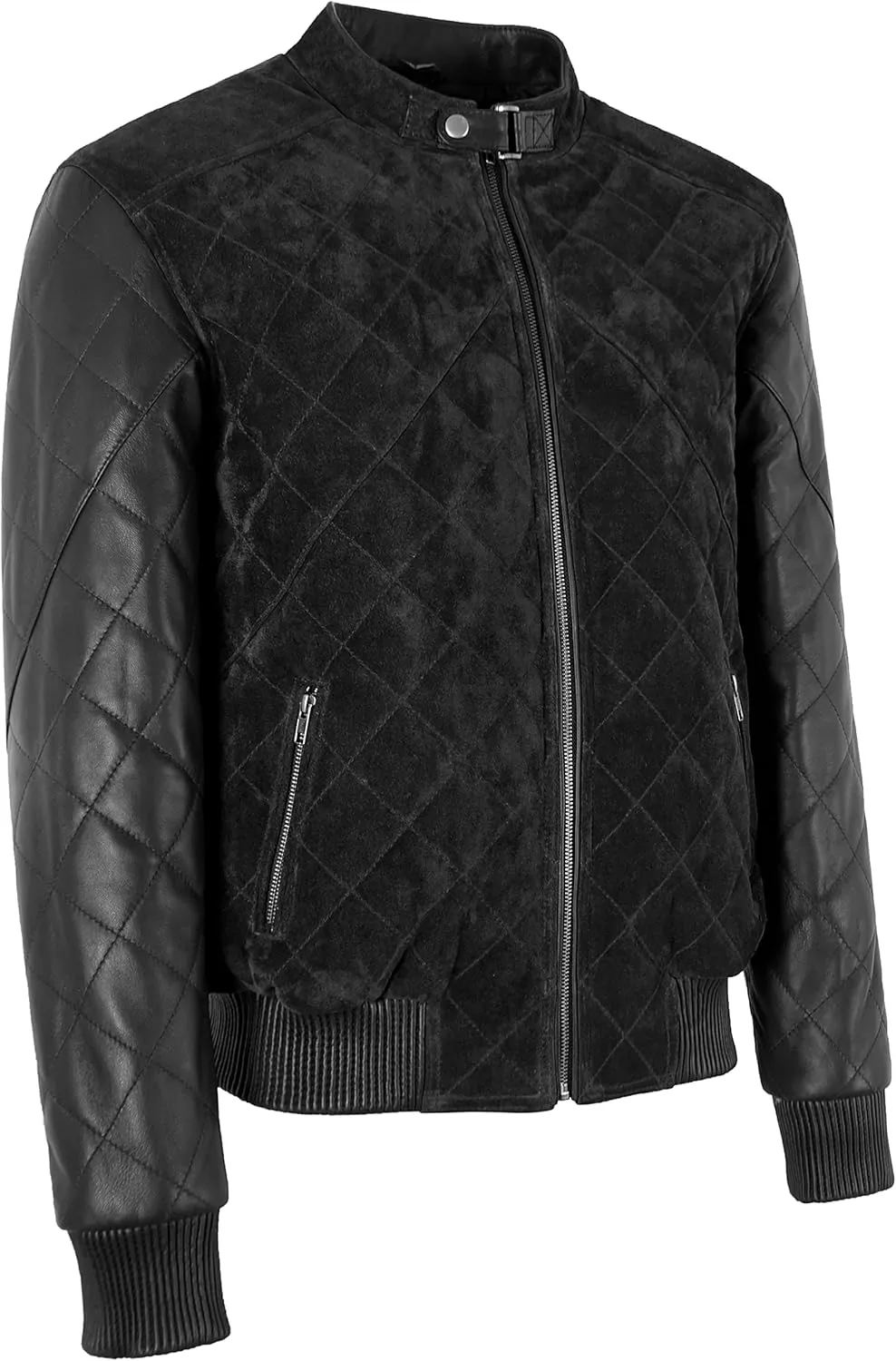 Men's Diamond Quilted Leather & Suede Casual Classic Retro Bomber Jacket 2997
