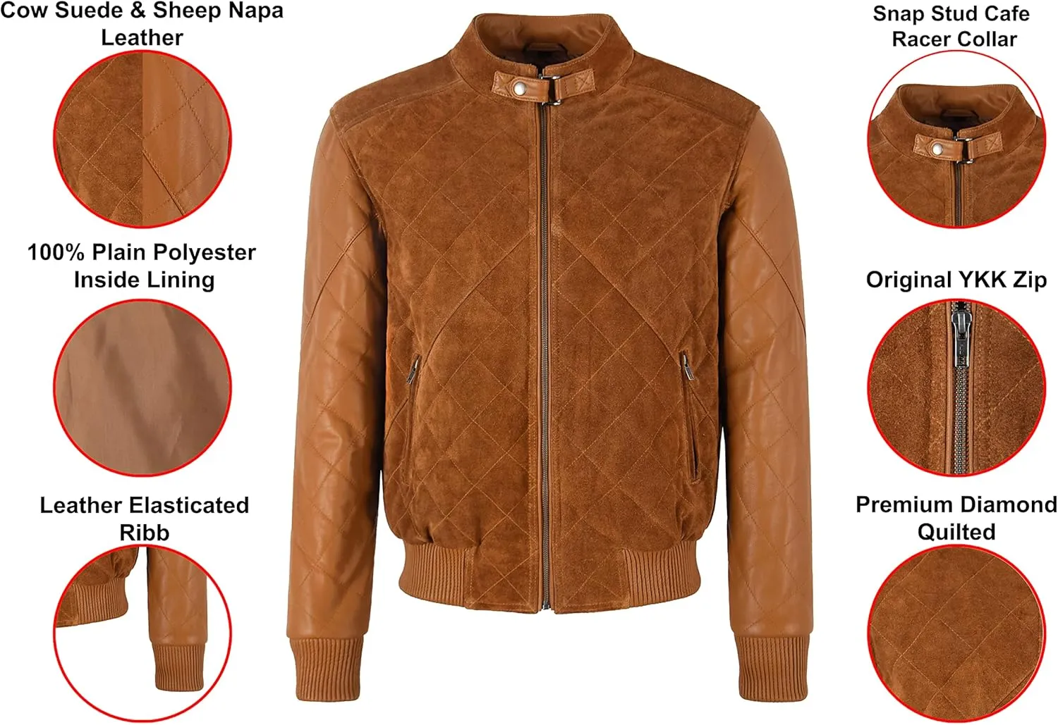 Men's Diamond Quilted Leather & Suede Casual Classic Retro Bomber Jacket 2997