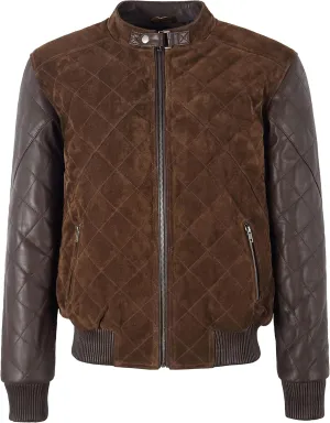 Men's Diamond Quilted Leather & Suede Casual Classic Retro Bomber Jacket 2997