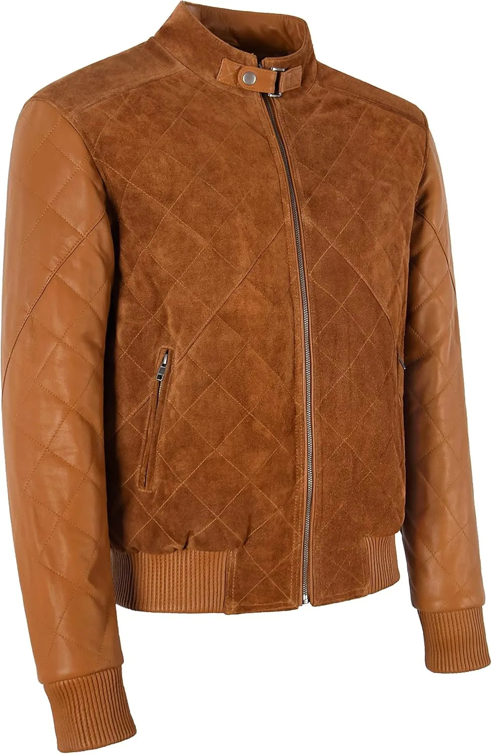 Men's Diamond Quilted Napa Leather & Suede Casual Classic Retro Bomber Jacket James 2997