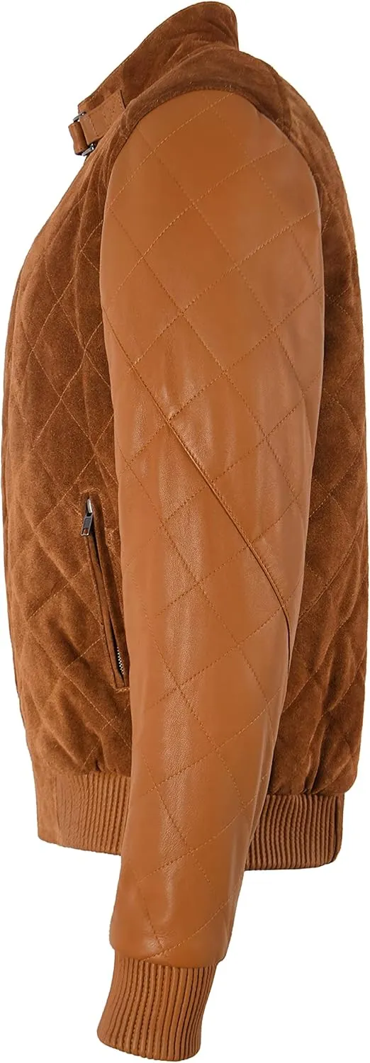 Men's Diamond Quilted Napa Leather & Suede Casual Classic Retro Bomber Jacket James 2997