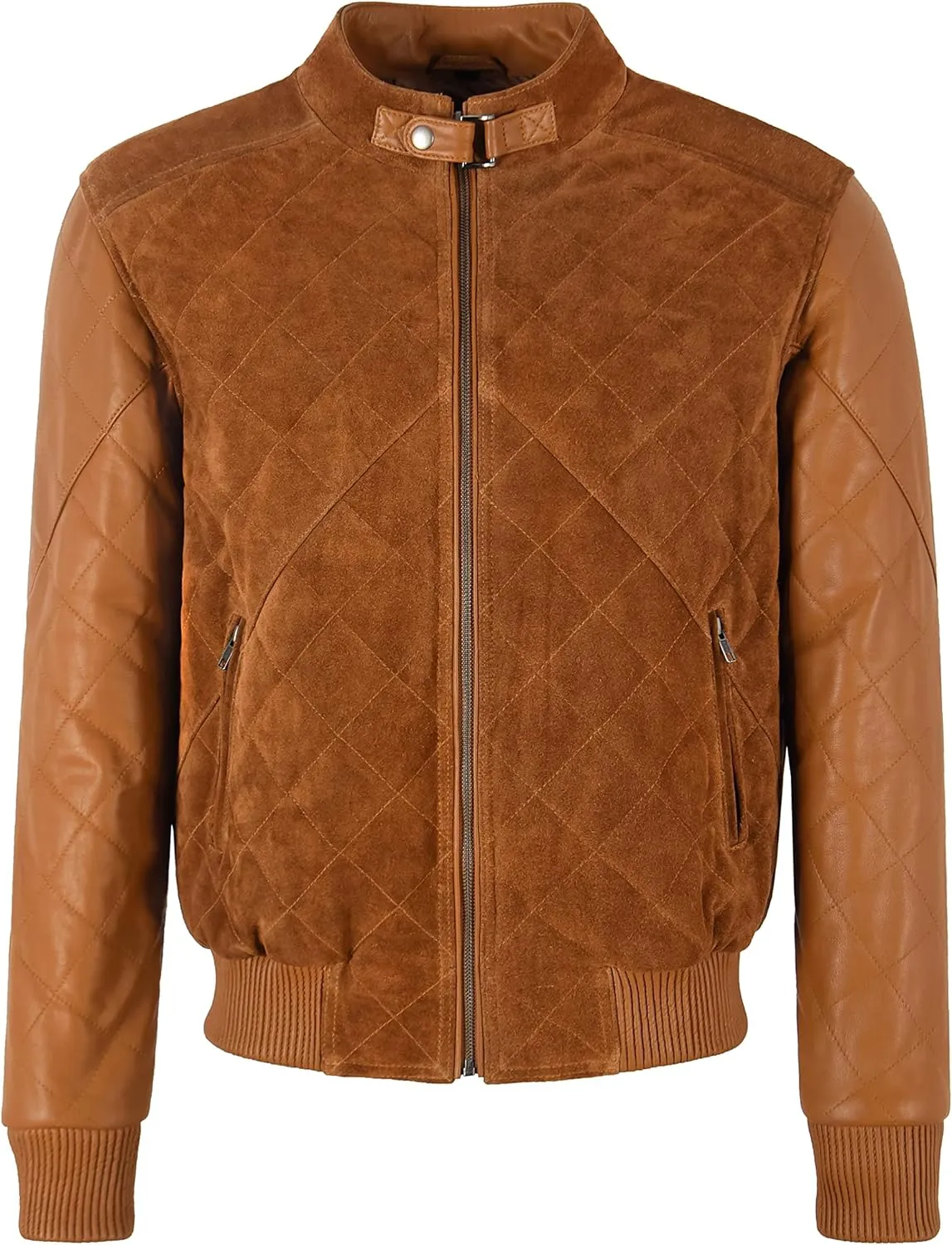 Men's Diamond Quilted Napa Leather & Suede Casual Classic Retro Bomber Jacket James 2997