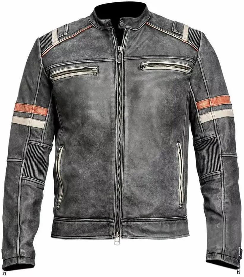 Mens Genuine Leather Biker Jacket Black Vintage Distressed Cafe Racer Retro Motorcycle Jacket
