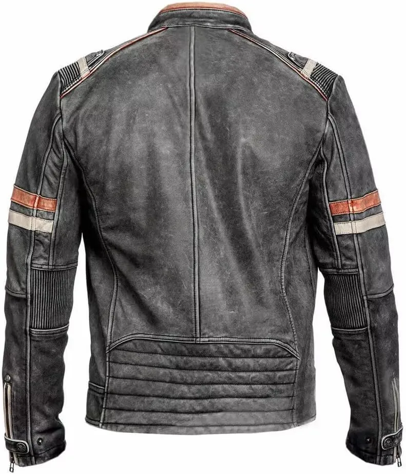 Mens Genuine Leather Biker Jacket Black Vintage Distressed Cafe Racer Retro Motorcycle Jacket